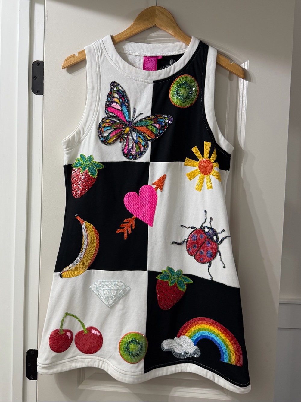 QUEEN OF SPARKLES Black & White Patchwork Embellished Mini Dress - Picture 2 of 4